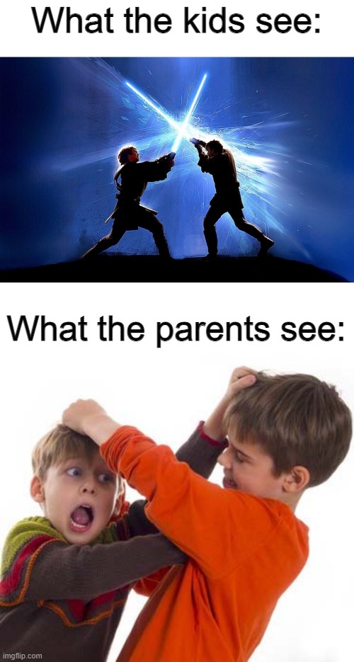 Parents: Oh they're just messing around! | What the parents see: | image tagged in memes,funny,fun,kids view,parents view,duel | made w/ Imgflip meme maker