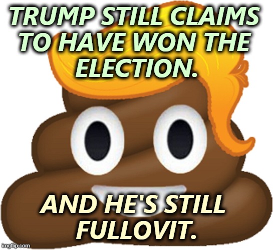 Trump got his a$$ kicked out of 65 courtrooms from coast to coast for lying under oath. Some of his lawyers are being penalized. | TRUMP STILL CLAIMS 
TO HAVE WON THE 
ELECTION. AND HE'S STILL 
FULLOVIT. | image tagged in trump shit emoji,trump,liar,loser,failure | made w/ Imgflip meme maker