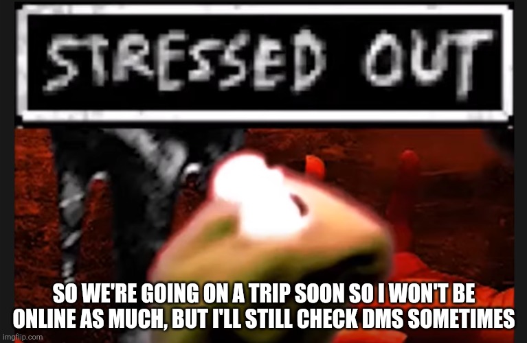 If anyone even dms me | SO WE'RE GOING ON A TRIP SOON SO I WON'T BE ONLINE AS MUCH, BUT I'LL STILL CHECK DMS SOMETIMES | image tagged in stressed kermit | made w/ Imgflip meme maker