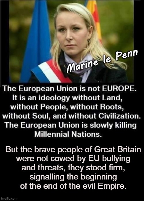 Beginning of the end for the EU | Marine le Penn; But the brave people of Great Britain
were not cowed by EU bullying
and threats, they stood firm,
signalling the beginning
of the end of the evil Empire. | image tagged in marine | made w/ Imgflip meme maker