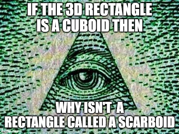 Illuminati |  IF THE 3D RECTANGLE IS A CUBOID THEN; WHY ISN'T  A RECTANGLE CALLED A SCARBOID | image tagged in dank memes | made w/ Imgflip meme maker