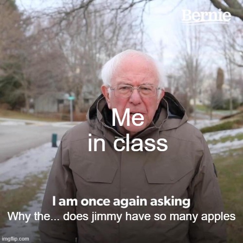 Every word problem | Me in class; Why the... does jimmy have so many apples | image tagged in memes,bernie i am once again asking for your support | made w/ Imgflip meme maker