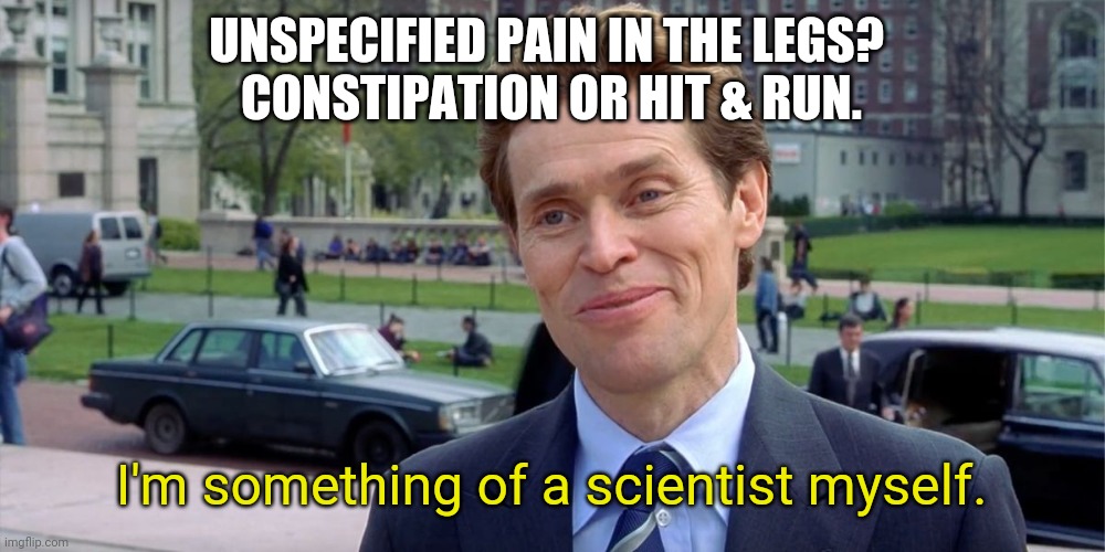Too Abstract Diagnoses | UNSPECIFIED PAIN IN THE LEGS? 
CONSTIPATION OR HIT & RUN. I'm something of a scientist myself. | image tagged in you know i'm something of a scientist myself | made w/ Imgflip meme maker