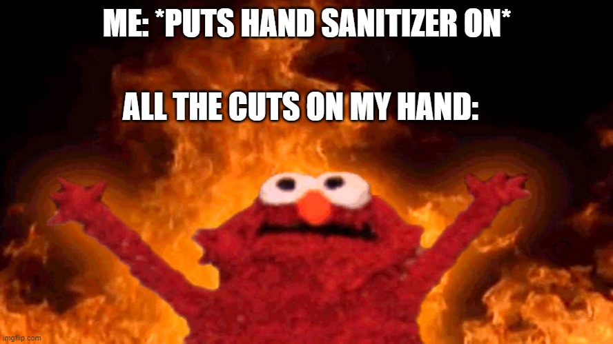 Hand sanitizer | ME: *PUTS HAND SANITIZER ON*; ALL THE CUTS ON MY HAND: | image tagged in elmo fire | made w/ Imgflip meme maker