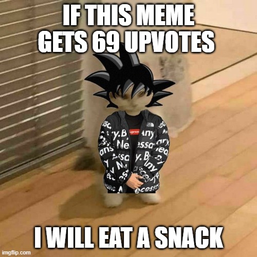 goku drip cat | IF THIS MEME GETS 69 UPVOTES; I WILL EAT A SNACK | image tagged in goku drip cat | made w/ Imgflip meme maker