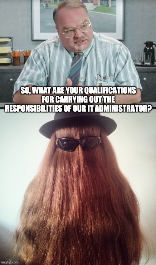IT | SO, WHAT ARE YOUR QUALIFICATIONS FOR CARRYING OUT THE RESPONSIBILITIES OF OUR IT ADMINISTRATOR? | image tagged in i can explain,cousin it | made w/ Imgflip meme maker