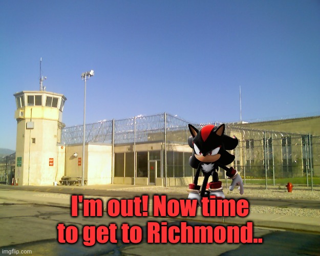 Shadow has escaped prison and is on his way to Richmond. | I'm out! Now time to get to Richmond.. | image tagged in shadow the hedgehog,nmcs,prison escape,oh wow are you actually reading these tags | made w/ Imgflip meme maker
