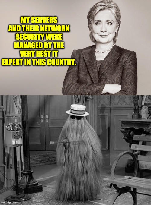 IT | MY SERVERS AND THEIR NETWORK SECURITY WERE MANAGED BY THE VERY BEST IT EXPERT IN THIS COUNTRY. | image tagged in hillary clinton,cousin it | made w/ Imgflip meme maker