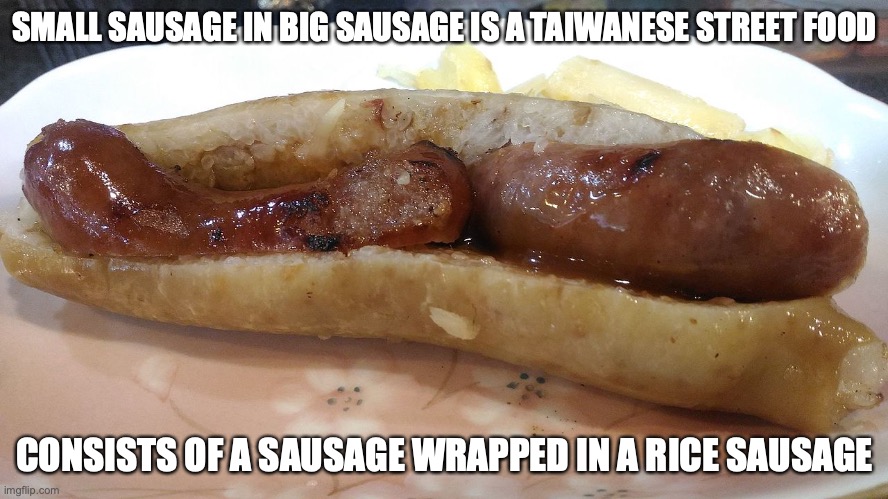 Small Sausage in Big Sausage | SMALL SAUSAGE IN BIG SAUSAGE IS A TAIWANESE STREET FOOD; CONSISTS OF A SAUSAGE WRAPPED IN A RICE SAUSAGE | image tagged in memes,food | made w/ Imgflip meme maker