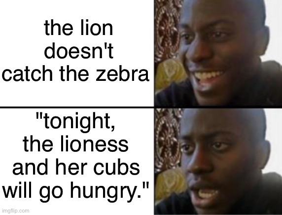:( | the lion doesn't catch the zebra; "tonight, the lioness and her cubs will go hungry." | image tagged in oh yeah oh no,lions,documentary | made w/ Imgflip meme maker