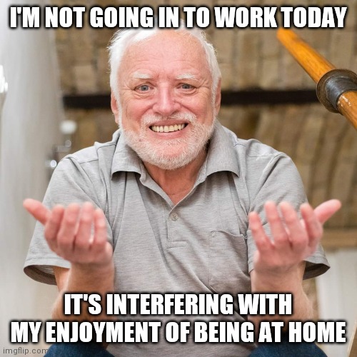 SOUNDS REASONABLE | I'M NOT GOING IN TO WORK TODAY; IT'S INTERFERING WITH MY ENJOYMENT OF BEING AT HOME | image tagged in work,hide the pain harold,harold,work sucks | made w/ Imgflip meme maker