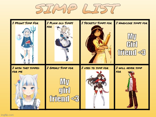 Well- since I made the templte I might as well use it | My Girl friend <3; My girl friend <3 | image tagged in simp list | made w/ Imgflip meme maker