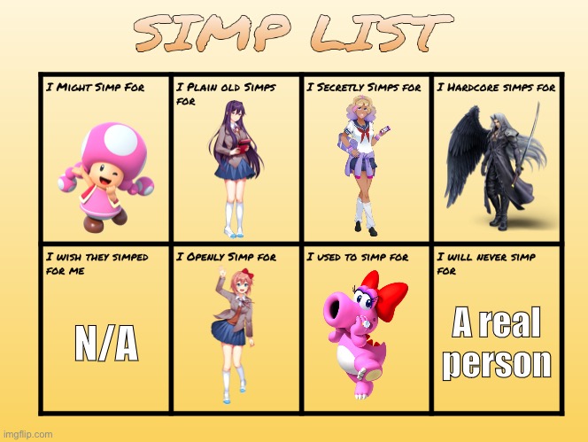 SIMP LIST | N/A; A real person | image tagged in simp list | made w/ Imgflip meme maker