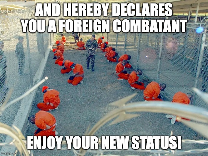 AND HEREBY DECLARES YOU A FOREIGN COMBATANT; ENJOY YOUR NEW STATUS! | made w/ Imgflip meme maker