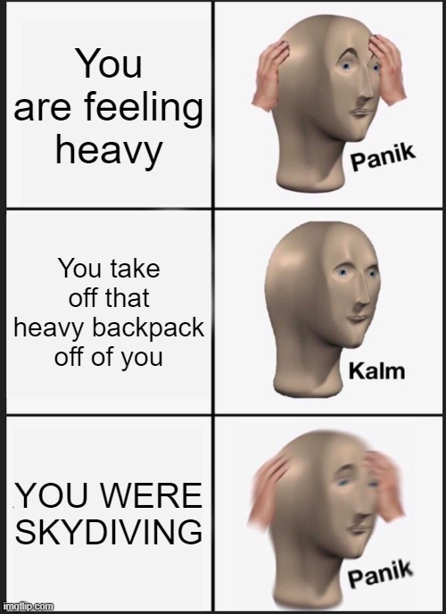 YOU WERE SKYDIVING WHAT ARE YOU DUMB? | You are feeling heavy; You take off that heavy backpack off of you; YOU WERE SKYDIVING | image tagged in memes,panik kalm panik | made w/ Imgflip meme maker