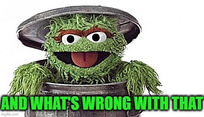 Oscar trashcan Sesame street | AND WHAT'S WRONG WITH THAT | image tagged in oscar trashcan sesame street | made w/ Imgflip meme maker
