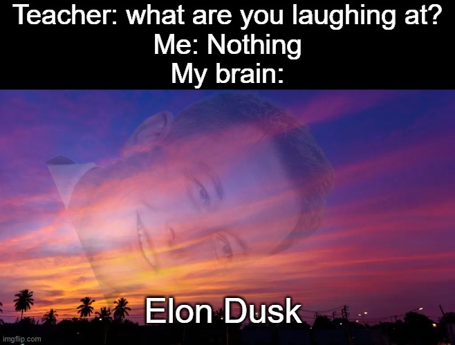 Teacher: what are you laughing at?
Me: Nothing
My brain:; Elon Dusk | image tagged in memes,elon musk,dusk,elon dusk | made w/ Imgflip meme maker
