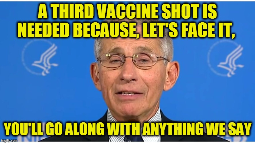 Dr Fauci | A THIRD VACCINE SHOT IS NEEDED BECAUSE, LET'S FACE IT, YOU'LL GO ALONG WITH ANYTHING WE SAY | image tagged in dr fauci | made w/ Imgflip meme maker