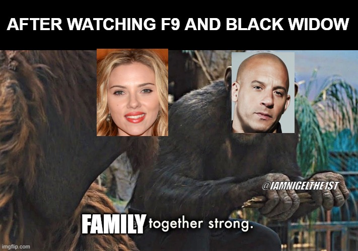 family strong | AFTER WATCHING F9 AND BLACK WIDOW; @IAMNIGELTHE1ST; FAMILY | image tagged in ape together strong | made w/ Imgflip meme maker