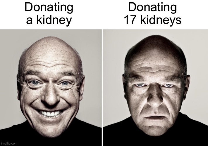 Dean Norris's reaction | Donating a kidney; Donating 17 kidneys | image tagged in dean norris's reaction | made w/ Imgflip meme maker