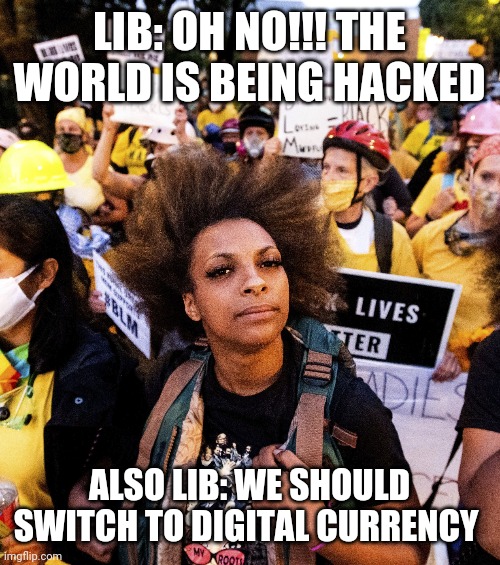 LIB: OH NO!!! THE WORLD IS BEING HACKED; ALSO LIB: WE SHOULD SWITCH TO DIGITAL CURRENCY | image tagged in funny memes | made w/ Imgflip meme maker
