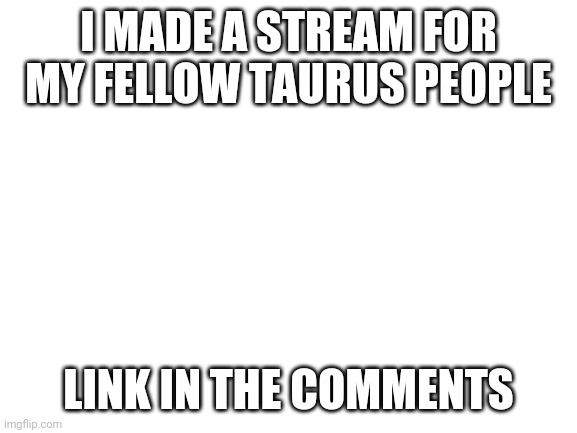Taurus gang | I MADE A STREAM FOR MY FELLOW TAURUS PEOPLE; LINK IN THE COMMENTS | image tagged in blank white template | made w/ Imgflip meme maker