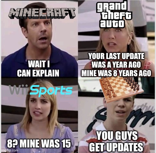 We’re the Millers | YOUR LAST UPDATE WAS A YEAR AGO MINE WAS 8 YEARS AGO; WAIT I CAN EXPLAIN; YOU GUYS GET UPDATES; 8? MINE WAS 15 | image tagged in we re the millers,minecraft,gta,grand theft auto,wii sports,chess | made w/ Imgflip meme maker
