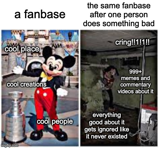 why does this happen so much | the same fanbase after one person does something bad; a fanbase; cring!!1!1!! cool place; 999+ memes and commentary videos about it; cool creations; everything good about it gets ignored like it never existed; cool people | image tagged in mickey mouse in disneyland,fandoms,memes,seriously tho why does this always happen | made w/ Imgflip meme maker