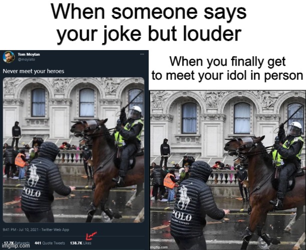 For context: I posted this on reddit the day before, and got nearly 70k upvotes | When someone says your joke but louder | image tagged in memes,funny,twitter,horse,stolen | made w/ Imgflip meme maker