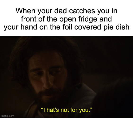 When your dad catches you in front of the open fridge and your hand on the foil covered pie dish; “That’s not for you.” | image tagged in blank white template,the chosen | made w/ Imgflip meme maker