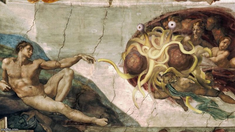 Flying spaghetti Cistine Chapel | image tagged in flying spaghetti cistine chapel | made w/ Imgflip meme maker