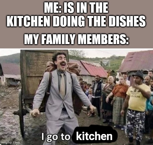 You Just Had To Pick Now To Come Into The Kitchen, Didn't You? | ME: IS IN THE KITCHEN DOING THE DISHES; MY FAMILY MEMBERS:; kitchen | image tagged in i go to america | made w/ Imgflip meme maker