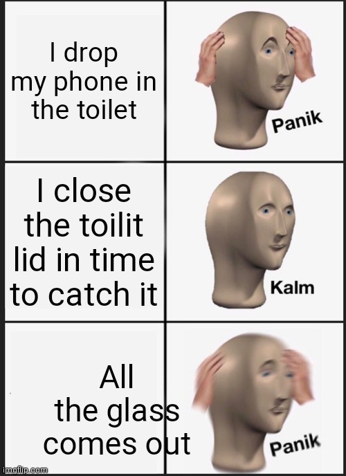 Waaaaaaaa mum it hit me waaaaaaaaaaa | I drop my phone in the toilet; I close the toilit lid in time to catch it; All the glass comes out | image tagged in memes,panik kalm panik | made w/ Imgflip meme maker