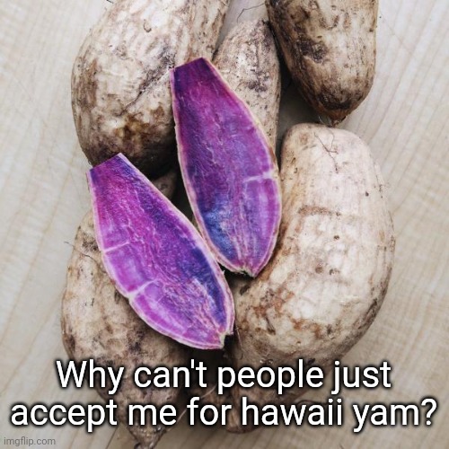 Hawaiian purple yam | Why can't people just accept me for hawaii yam? | image tagged in memes,bad pun,hawaiian,hawaii,sweet,potato | made w/ Imgflip meme maker