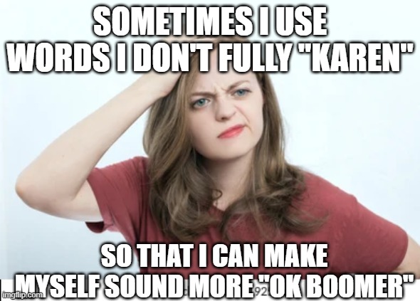 Karen Ok Boomer | SOMETIMES I USE WORDS I DON'T FULLY "KAREN"; SO THAT I CAN MAKE MYSELF SOUND MORE "OK BOOMER" | image tagged in karen,ok boomer,sometimes i use words i dont understand | made w/ Imgflip meme maker