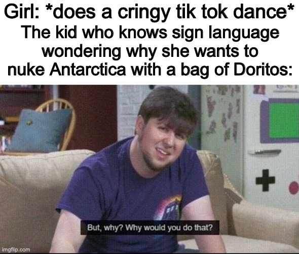 why, just why | Girl: *does a cringy tik tok dance*; The kid who knows sign language wondering why she wants to nuke Antarctica with a bag of Doritos: | image tagged in but why why would you do that,tik tok | made w/ Imgflip meme maker