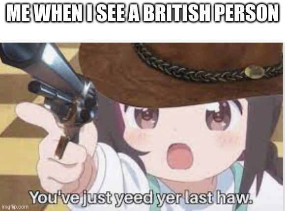You’ve just yeed ur last haw | ME WHEN I SEE A BRITISH PERSON | image tagged in you ve just yeed ur last haw | made w/ Imgflip meme maker