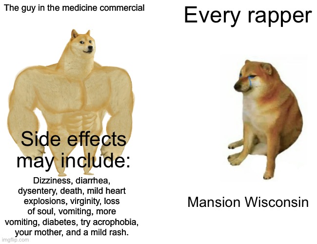 Buff Doge vs. Cheems Meme | The guy in the medicine commercial; Every rapper; Side effects may include:; Dizziness, diarrhea, dysentery, death, mild heart explosions, virginity, loss of soul, vomiting, more vomiting, diabetes, try acrophobia, your mother, and a mild rash. Mansion Wisconsin | image tagged in memes,buff doge vs cheems | made w/ Imgflip meme maker