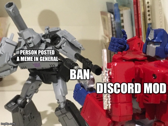 Optimus shoots megatron | PERSON POSTED A MEME IN GENERAL; BAN; DISCORD MOD | image tagged in optimus shoots megatron | made w/ Imgflip meme maker