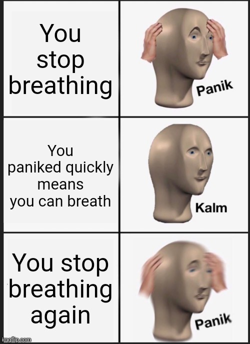 Just Panik if you stop breathing :) | You stop breathing; You paniked quickly means you can breath; You stop breathing again | image tagged in memes,panik kalm panik | made w/ Imgflip meme maker