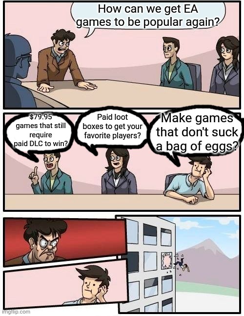 EA Problems | How can we get EA games to be popular again? Make games that don't suck a bag of eggs? $79.95 games that still require paid DLC to win? Paid loot boxes to get your favorite players? | image tagged in memes,boardroom meeting suggestion,ea games,bad,video games | made w/ Imgflip meme maker