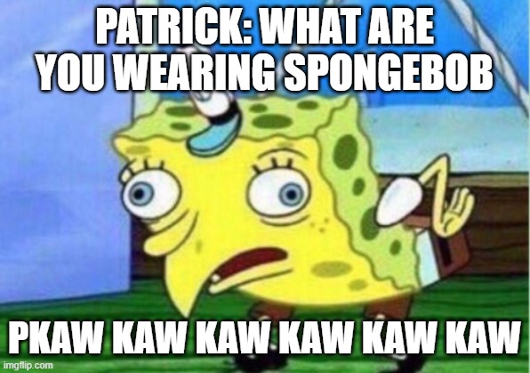 Mocking Spongebob | PATRICK: WHAT ARE YOU WEARING SPONGEBOB; PKAW KAW KAW KAW KAW KAW | image tagged in memes,mocking spongebob | made w/ Imgflip meme maker