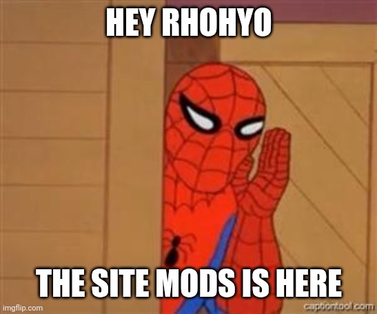 psst spiderman | HEY RHOHYO; THE SITE MODS IS HERE | image tagged in psst spiderman | made w/ Imgflip meme maker
