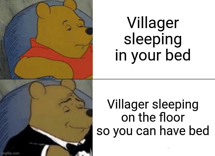 Tuxedo Winnie The Pooh Meme | Villager sleeping in your bed Villager sleeping on the floor so you can have bed | image tagged in memes,tuxedo winnie the pooh | made w/ Imgflip meme maker