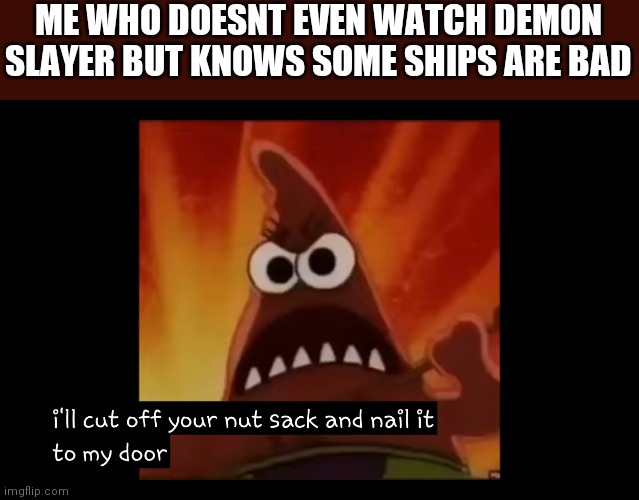 I'll cut off your nutsack and nail it to my door! | ME WHO DOESNT EVEN WATCH DEMON SLAYER BUT KNOWS SOME SHIPS ARE BAD | image tagged in i'll cut off your nutsack and nail it to my door | made w/ Imgflip meme maker