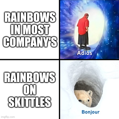 Adios Bonjour | RAINBOWS IN MOST COMPANY'S; RAINBOWS ON SKITTLES | image tagged in adios bonjour | made w/ Imgflip meme maker