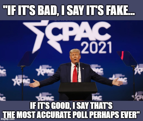 Trump occasionally reveals to his base how he manipulates them with lies. | "IF IT'S BAD, I SAY IT'S FAKE... IF IT'S GOOD, I SAY THAT'S THE MOST ACCURATE POLL PERHAPS EVER" | image tagged in trump,election 2020,the big lie,conman,gop corruption,liar | made w/ Imgflip meme maker