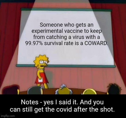 Lisa Simpson's Presentation | Someone who gets an experimental vaccine to keep from catching a virus with a 99.97% survival rate is a COWARD. Notes - yes I said it. And y | image tagged in lisa simpson's presentation | made w/ Imgflip meme maker