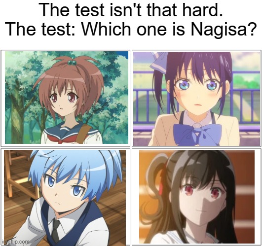 top right? | The test isn't that hard.
The test: Which one is Nagisa? | image tagged in nagisa | made w/ Imgflip meme maker