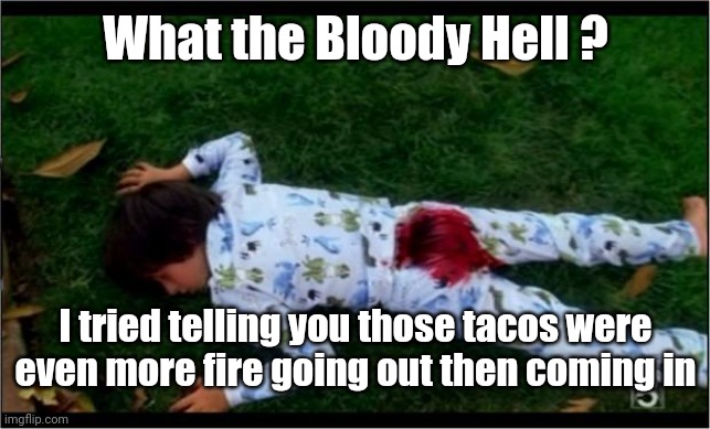 Bloody butthurt | What the Bloody Hell ? I tried telling you those tacos were even more fire going out then coming in | image tagged in bloody butthurt | made w/ Imgflip meme maker